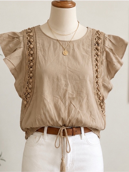INC International Concepts Tops - INC International Concepts Taupe Crochet-Trim Drawstring Flutter Top